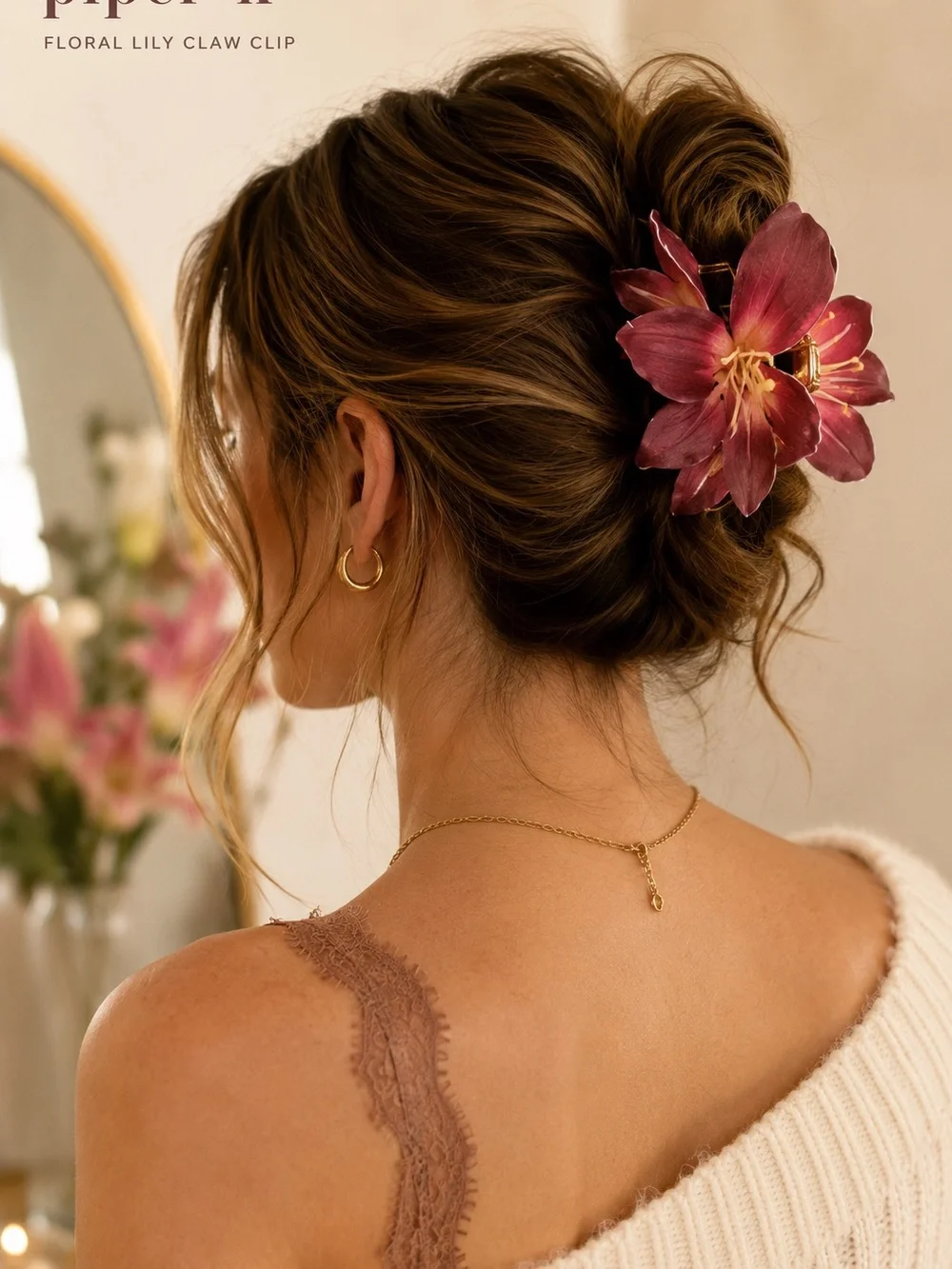 NWT Piper K Floral Lily Hair Claw Clip Burgundy Pink Gold Statement Boho Cottage